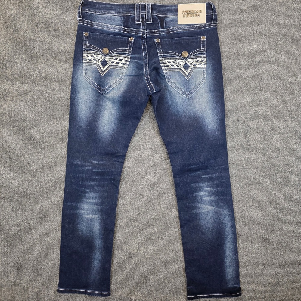 American Fighter Defender Slim Straight Stretch Jeans Mens 32X30 Blue Dark Faded